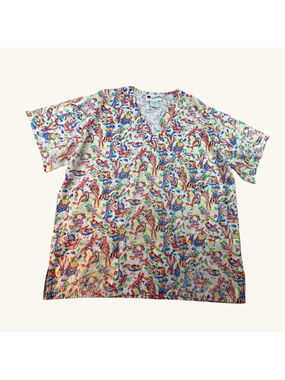 Vintage Ladybug Scrub Top Womens Small Bird Print Colorful Medical Nurse Korea